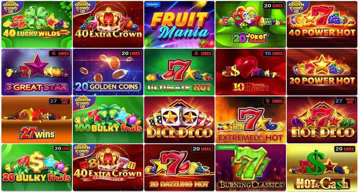 Grid of AhaduBirr slot titles with fruit, seven and crown themes